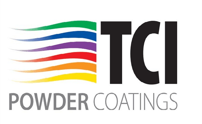 TCI Powder Coatings with green, blue, purple, red, orange, and yellow squiggles to the left 