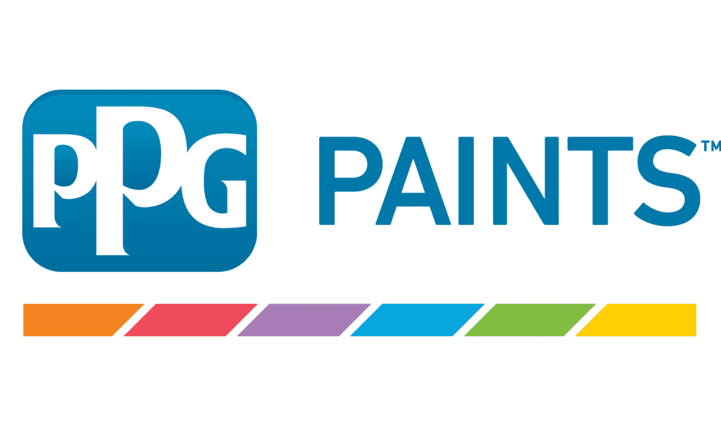 PPG Paints Logo with orange, red, purple, blue, green, and yellow bars under it