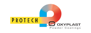 Protech Oxyplast Powder Coatings with yellow, red, and blue circle that extends in a yellow line to the left