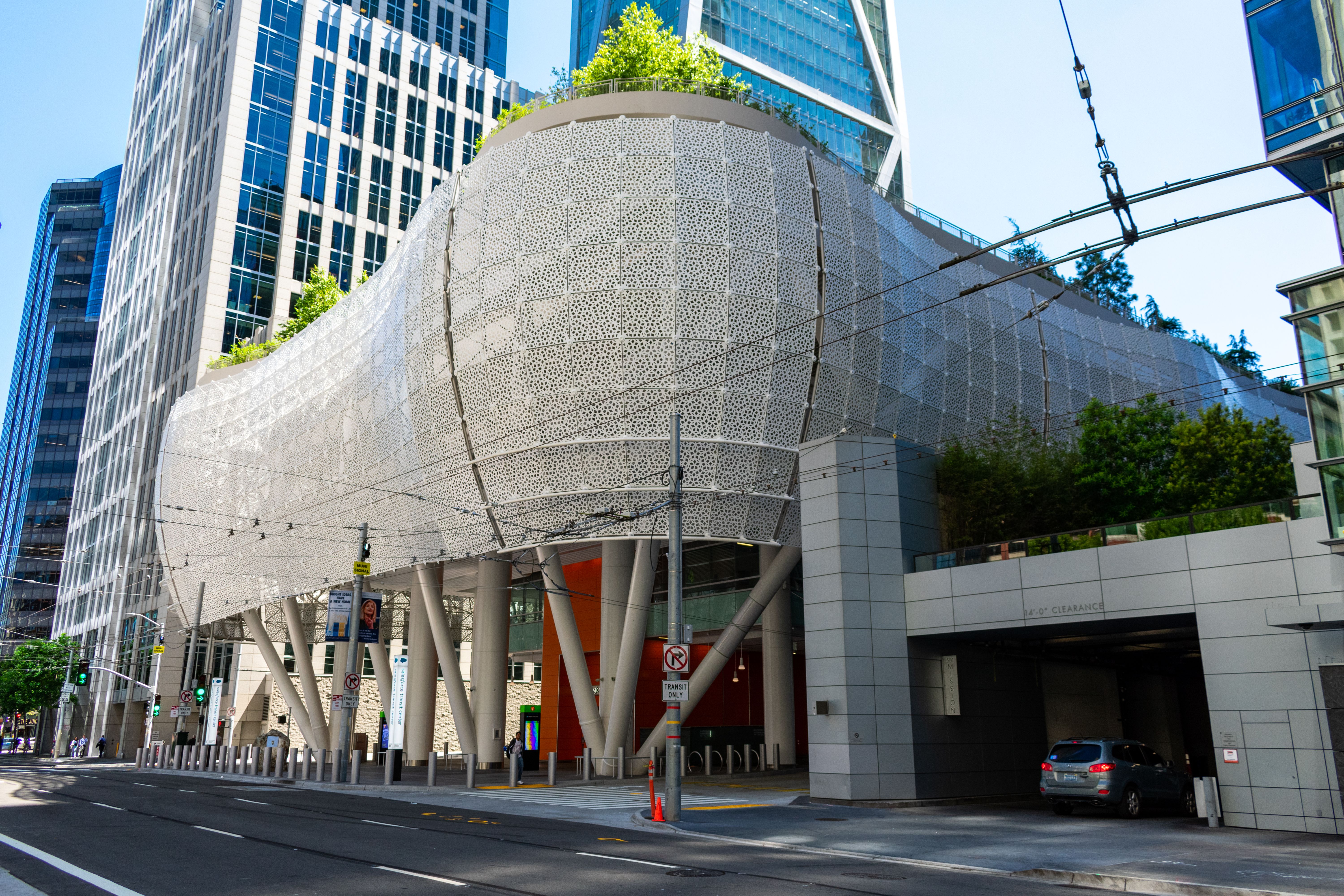 Unique fabrication design on the exterior of the Transbay building next to a parking garage
